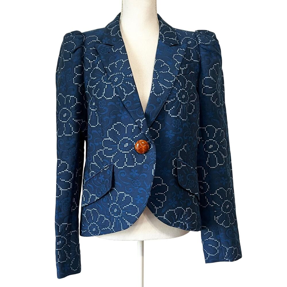 Smythe Abstract Floral Jacquard Puff Sleeve Single Button Blazer Indigo Size 16